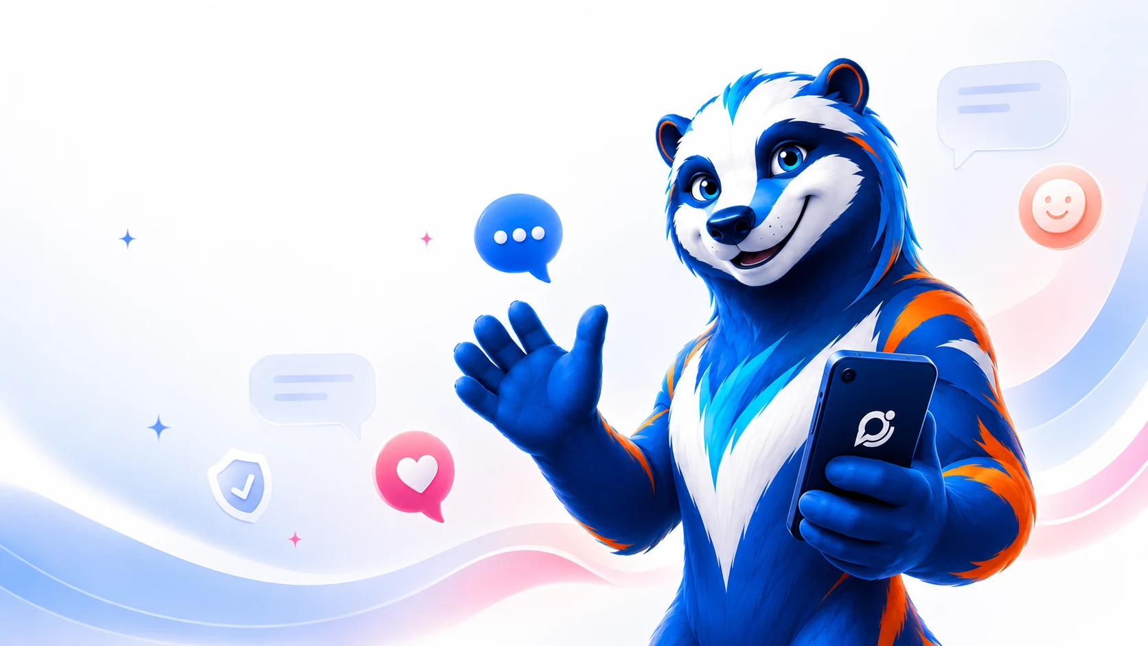 Pingo saluda al usuario, saluda con la mano y sostiene un smartphone con el logotipo de Ping
