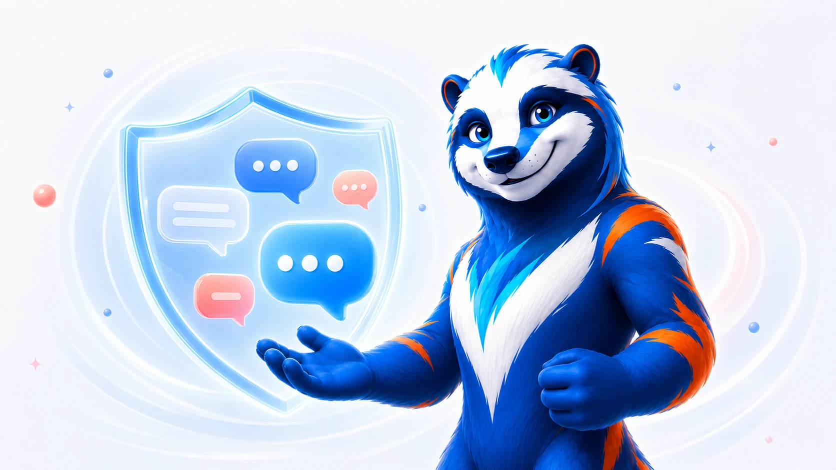 Pingo está junto a un escudo brillante que protege los mensajes en los colores de Ping