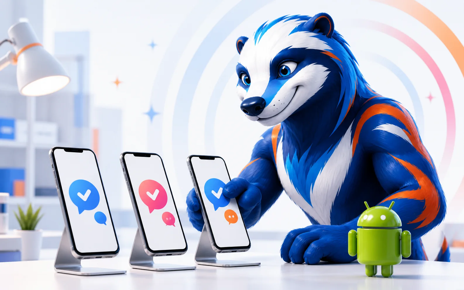 Маскот Ping Пинго тестирует приложение на нескольких Android-смартфонах в светлой лаборатории