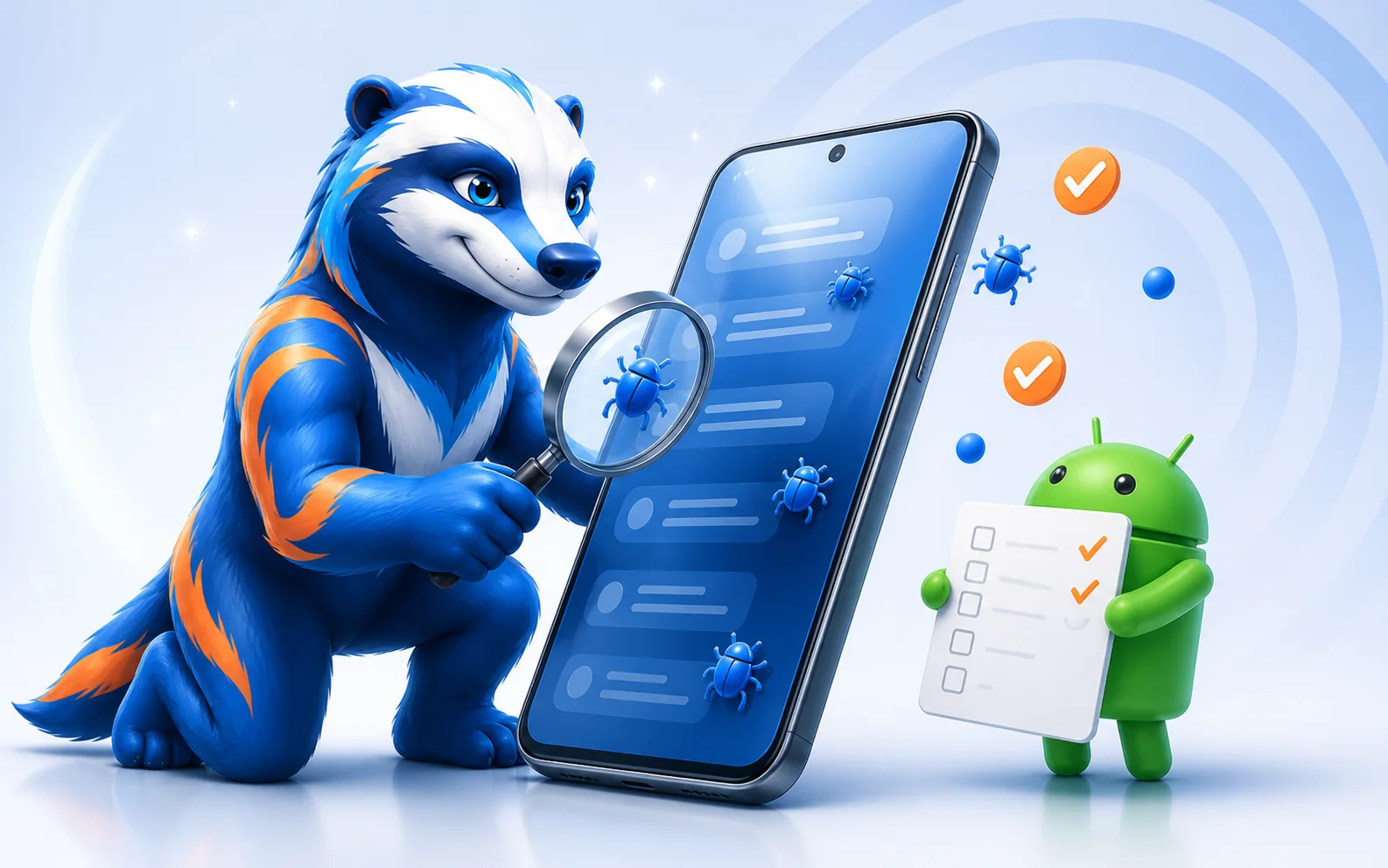 Пинго проверяет экран Android-смартфона с лупой во время тестирования приложения