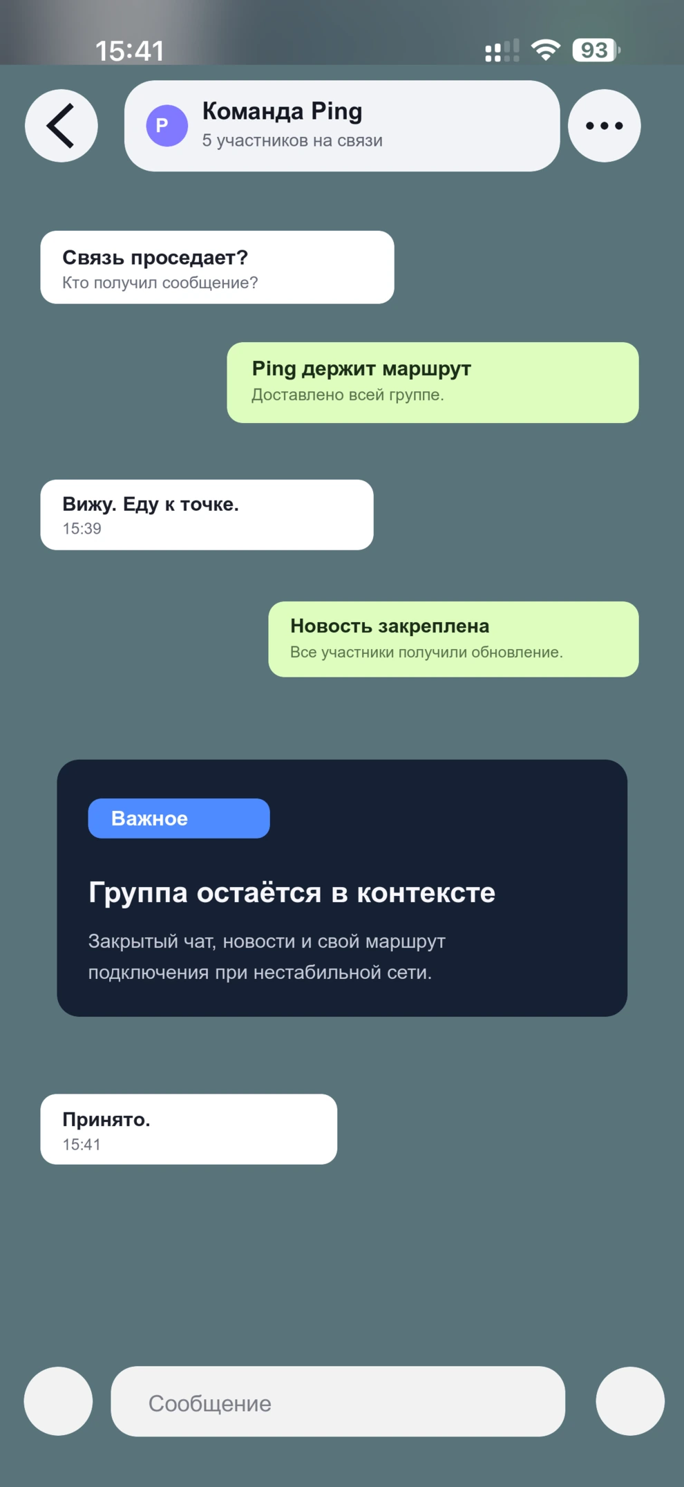 Реальный экран Ping с группой и объявлениями